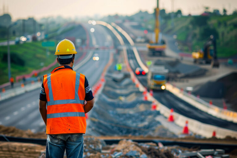 A civil engineer oversees road construction on an expressway, ensuring quality and safety during the ongoing project in the afternoon sunlight.