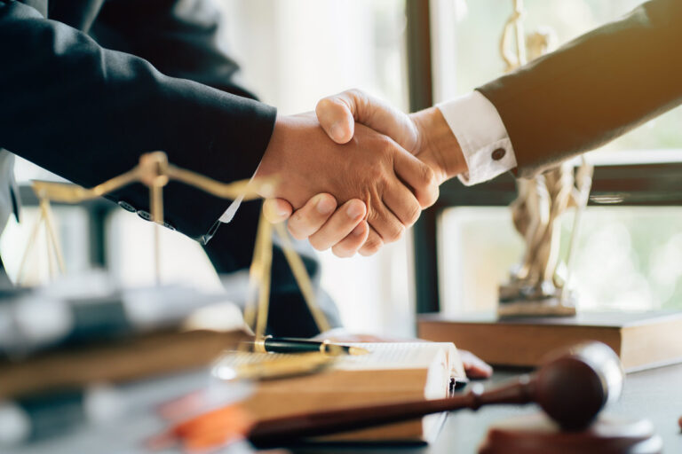 Businessman shaking hands to seal a deal with his partner lawyer