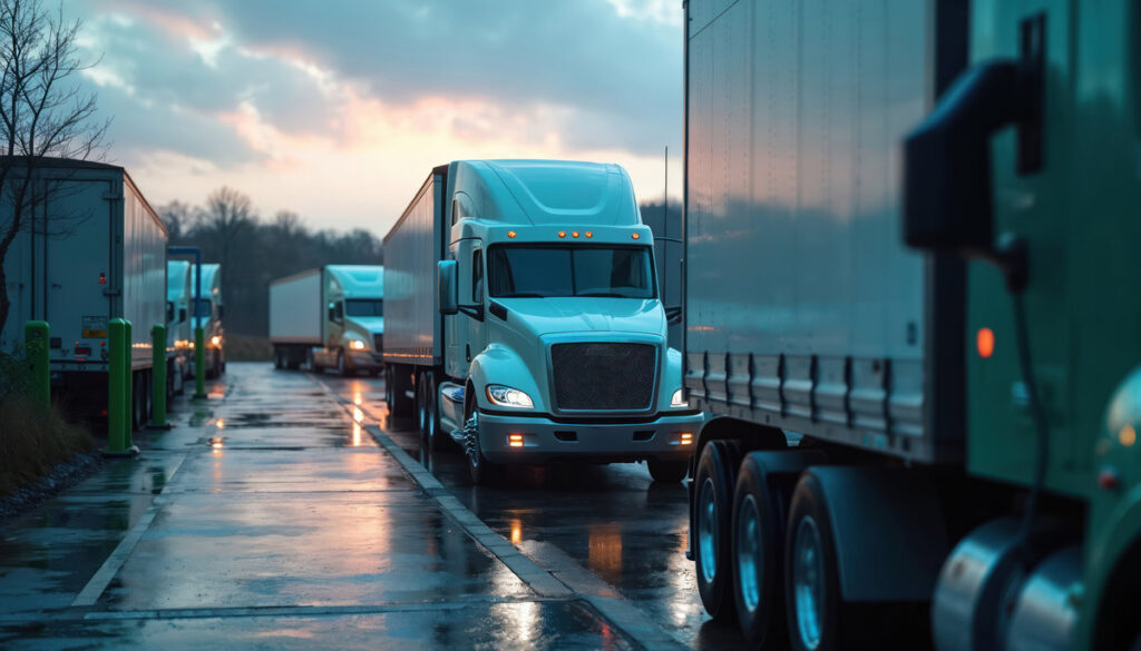 Trucks are parked at loading dock. Multiple semi trucks stand in a row. Transportation vehicle fleet at twilight. Concept of modern logistic and delivery industry. Freight transport on, wet pavement.